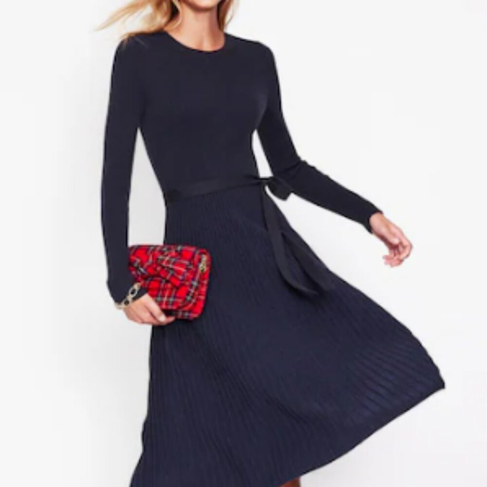 Boden Pleated Knit Dress Navy Size 16-18 Workwear Casual Elegant - Picture 2 of 11